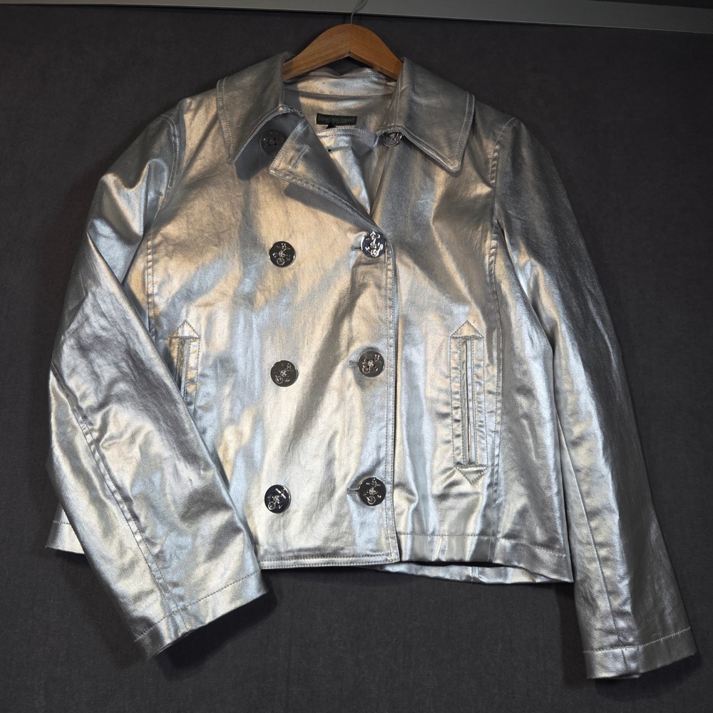 Lauren Ralph Lauren Metallic Silver Denim Jacket Womens XL Double Breasted Pea